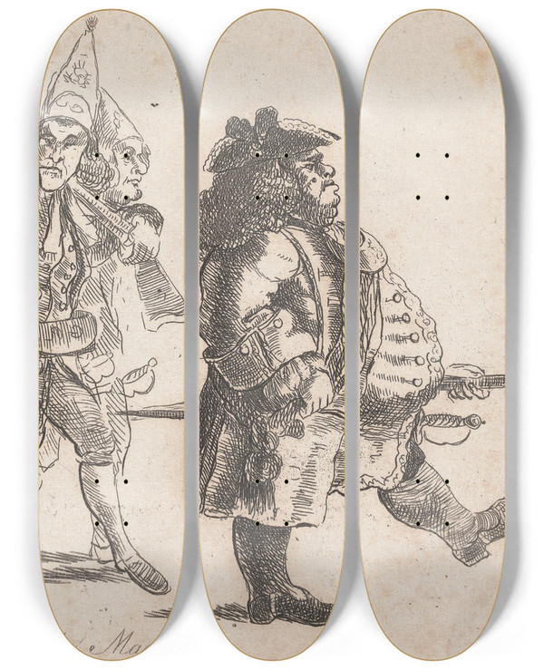 Triptych art skateboard deck of Capt Francis Grose City Malitia Sic Marching by Capt Francis Grose (1731-1791)