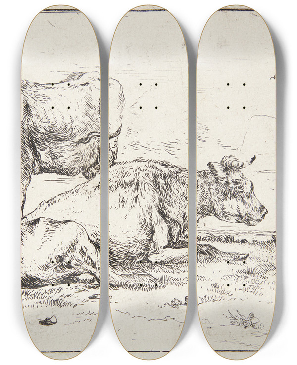Triptych art skateboard deck of Anthonie Van Borssom Two Cows by Anthonie Van Borssom (1629-1677)