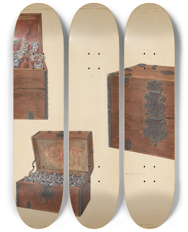 Triptych art skateboard deck of Leonard Battee Wine Chest by Leonard Battee