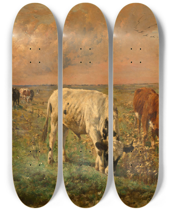 Triptych art skateboard deck of Alfred Verwee Cows In A Pasture by Alfred Verwee (1838-1895)