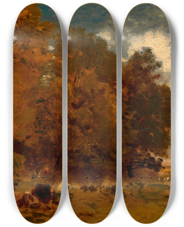 Triptych art skateboard deck of Eugen Jettel Aulandschaft Mit Khen by Eugen Jettel (1845-1901)