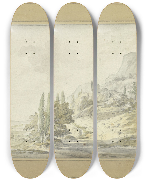 Triptych art skateboard deck of Pieter Gaal Berglandschap by Pieter Gaal (1770-1819)