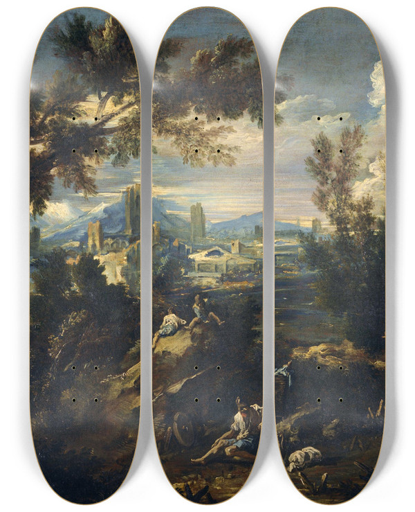 Triptych art skateboard deck of Alessandro Magnasco Landscape With Shepherds by Alessandro Magnasco (1667-1749)