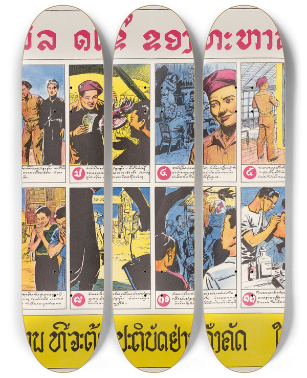 Triptych art skateboard deck of Us Information Agency Twelve Commandments by U S Information Agency (1953-1999)