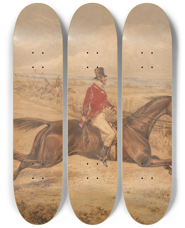 Triptych art skateboard deck of Henry Thomas Alken Charging An Ox Fence by Henry Thomas Alken (1785-1851)