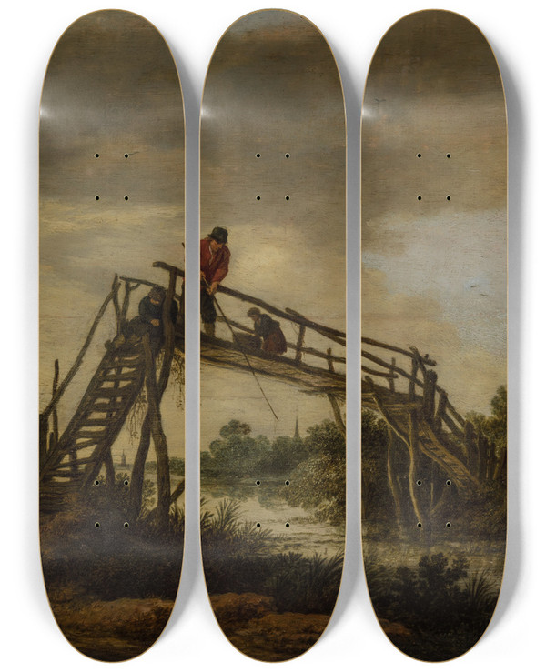 Triptych art skateboard deck of Pieter De Molijn Landscape With Bridge by Pieter de Molijn (1595-1661)