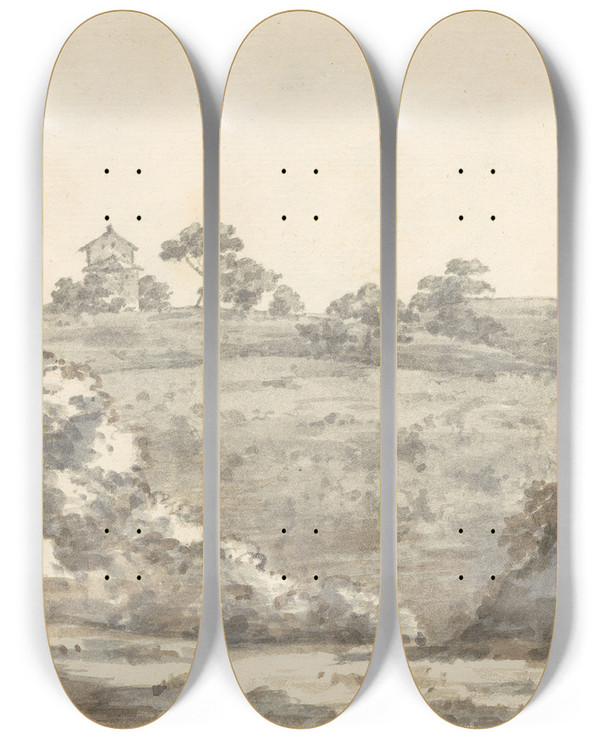 Triptych art skateboard deck of Joseph Wright Of Derby Landscape With A Twostory Building On A Hill by Joseph Wright Of Derby (1734-1797)