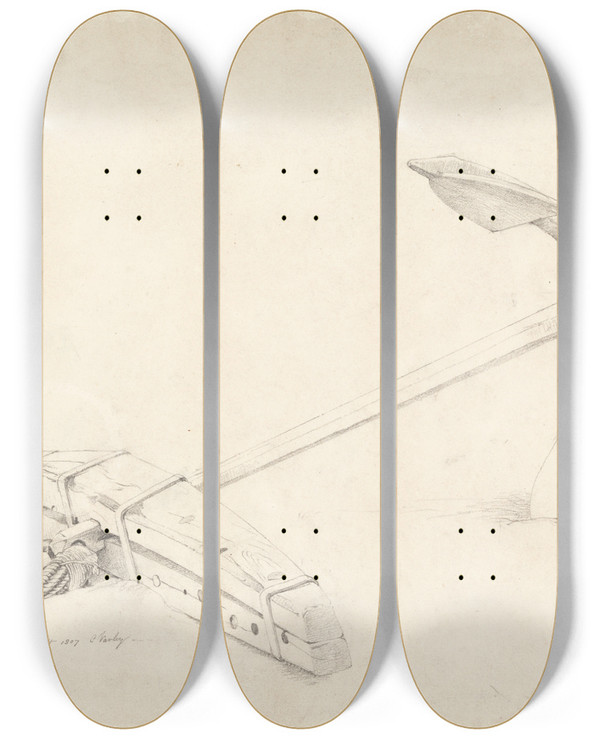 Triptych art skateboard deck of Cornelius Varley An Anchor by Cornelius Varley (1781-1873)