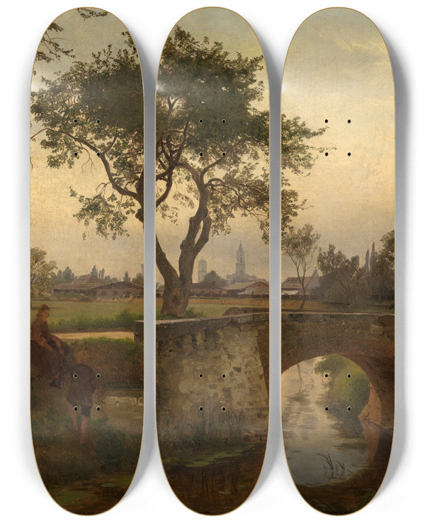 Triptych art skateboard deck of Gustav Osterroht Blick Auf Karlsruhe Von Sden by Gustav Osterroht (1836-1874)