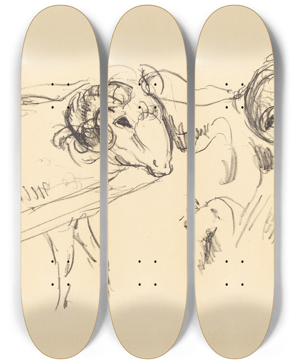 Triptych art skateboard deck of Lovis Corinth Rams Schafbcke by Lovis Corinth (1858-1925)
