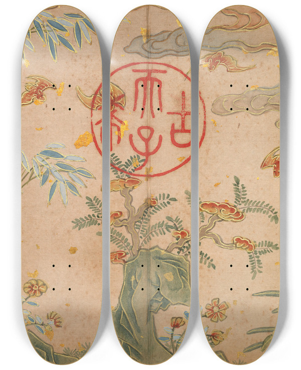Triptych art skateboard deck of Zhang Ruoai Bats Rocks Flowers Circular Calligraphy by Zhang Ruoai (1713-1746)