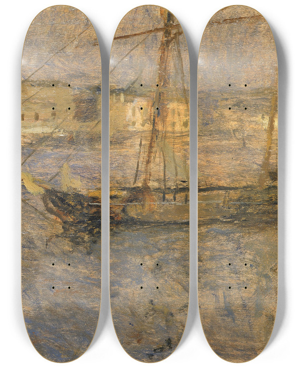 Triptych art skateboard deck of Frank Edwin Scott Ships At Anchor Cherbourg No I by Frank Edwin Scott (1863-1929)