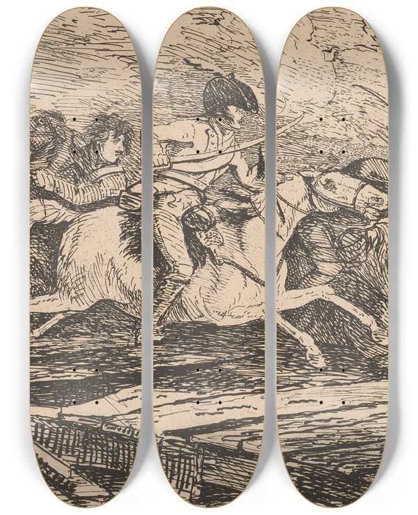 Triptych art skateboard deck of Conrad Gessner Cavalry Charging by Conrad Gessner (1764-1826)