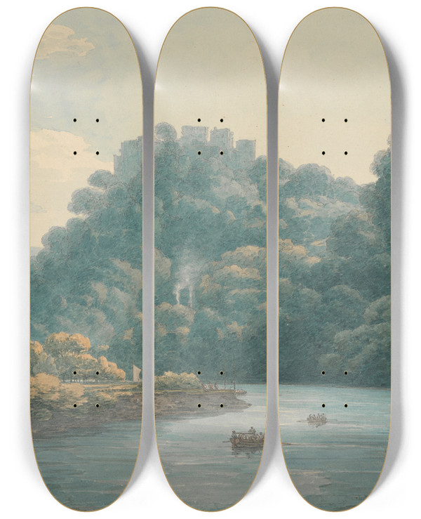 Triptych art skateboard deck of Thomas Hearne Goodrich Castle On The Wye by Thomas Hearne (1744-1817)