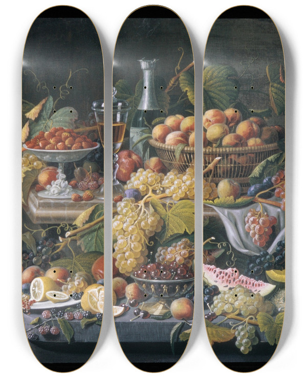 Triptych art skateboard deck of Severin Roesen Still Life Fruit by Severin Roesen (1816-1872)