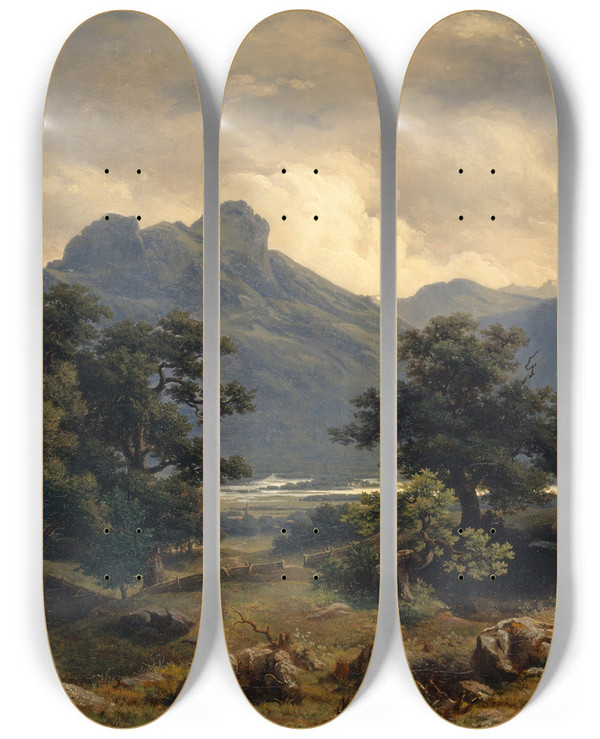Triptych art skateboard deck of Carl Rudolph Jonas Mountain Landscape by Carl Rudolph Jonas (1822-1888)