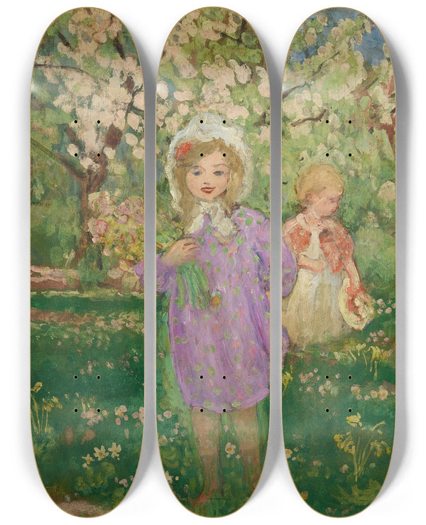 Triptych art skateboard deck of Henri Lebasque Enfants Dans Un Verger Fleuri by Henri Lebasque (1865-1937)