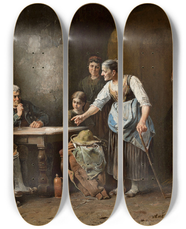 Triptych art skateboard deck of Anton Seitz Scene In A Tavern by Anton Seitz (1829-1900)