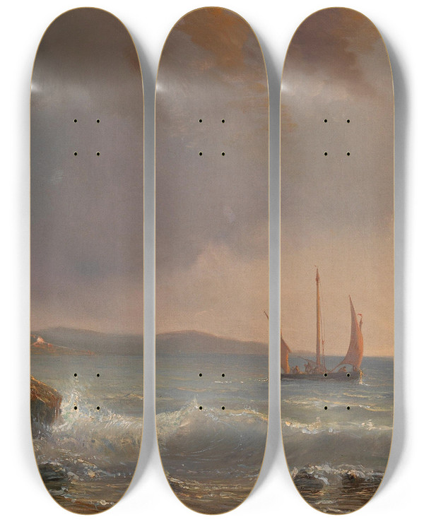 Triptych art skateboard deck of Thodore Gudin Abendstimmung Ber Einer Meereslandschaft Mit Segelbooten by Theodore Gudin (1802-1880)