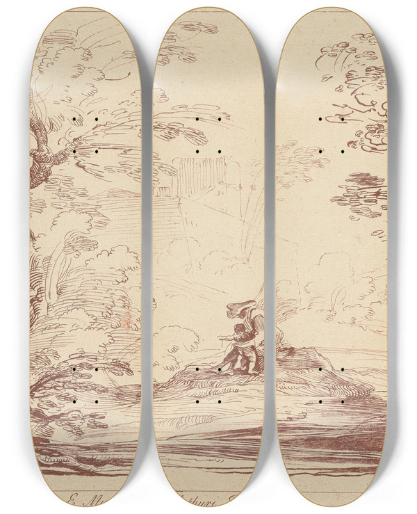 Triptych art skateboard deck of George Knapton Landscape With Figures_1 by George Knapton (1698-1778)