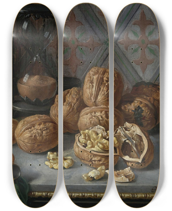 Triptych art skateboard deck of Miguel Parra Abril Still Life Withwallnuts A Pipe And Hourglass On A Grey Marble Ledge by Miguel Parra Abril (1780-1846)