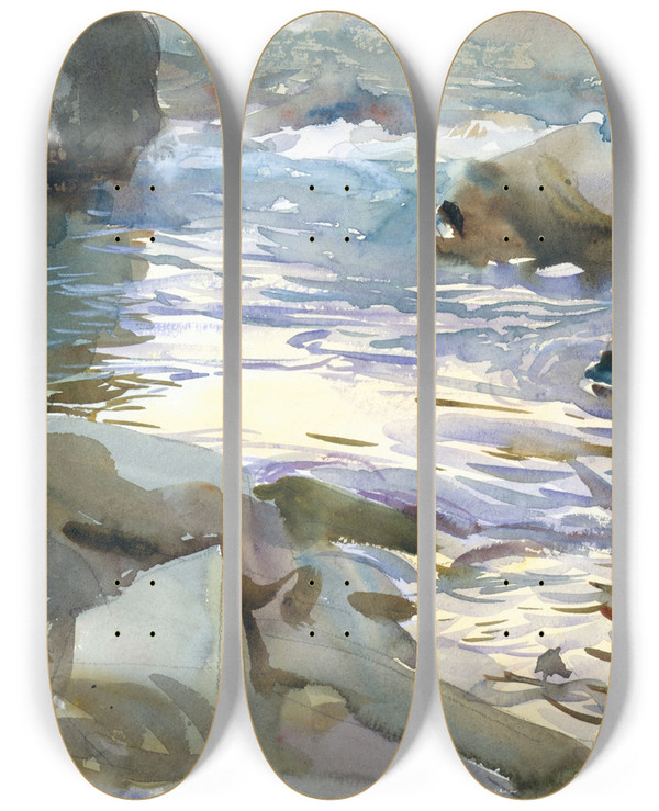 Triptych art skateboard deck of John Singer Sargent Stream And Rocks by John Singer Sargent (1856-1925)