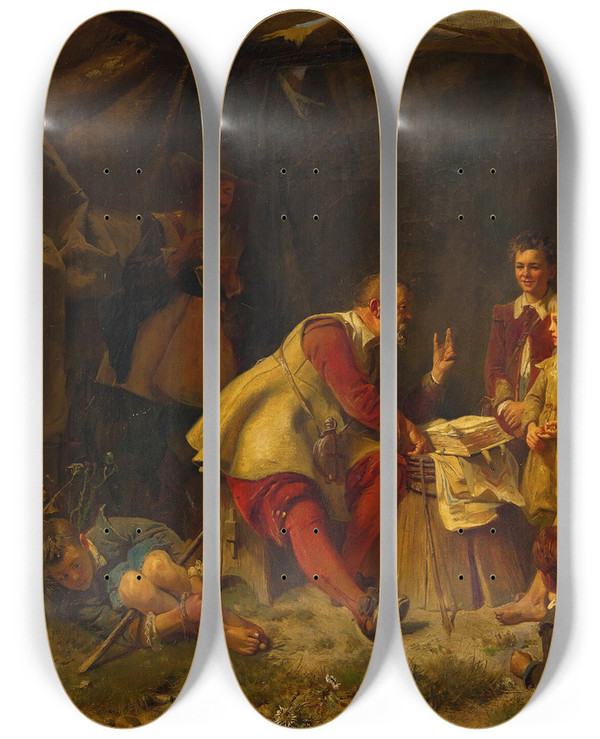 Triptych art skateboard deck of Adolf Eberle What A Time It Truly Was by Adolf Eberle (1843-1914)