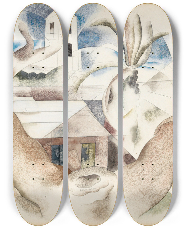 Triptych art skateboard deck of Charles Demuth Bermuda No 1 Tree And House by Charles Demuth (1883-1935)