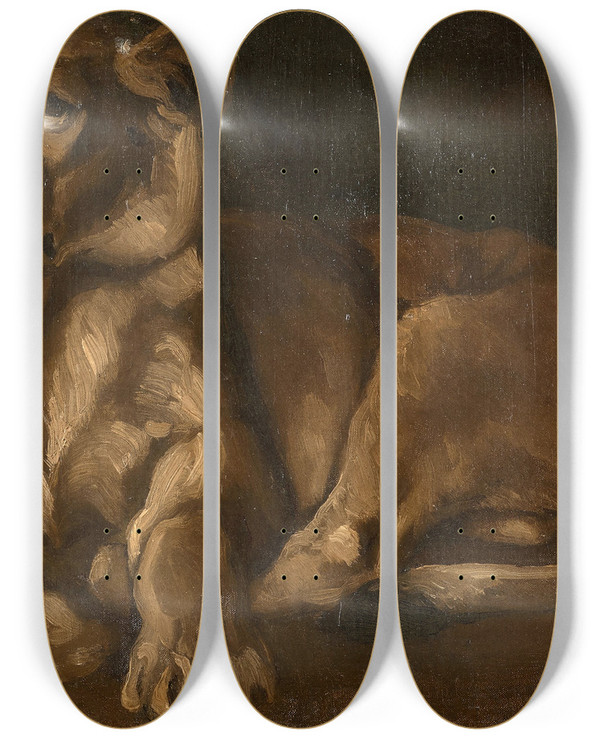 Triptych art skateboard deck of Auguste Lanon Lionne Couche by Auguste Lancon
