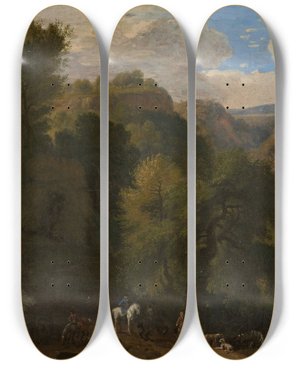 Triptych art skateboard deck of Dirk Maas Landscape With A Hunting Scene by Dirk Maas (1659-1717)