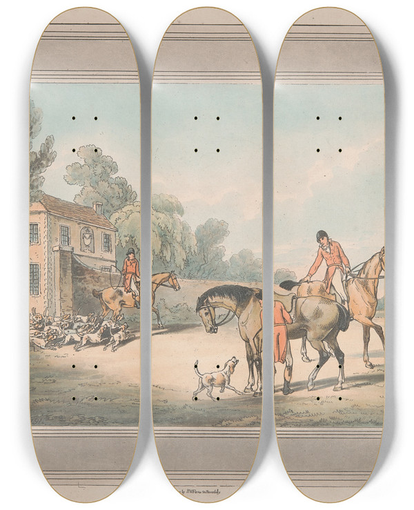Triptych art skateboard deck of Samuel Howitt Going Out Of Kennel_1 by Samuel Howitt (1756-1822)