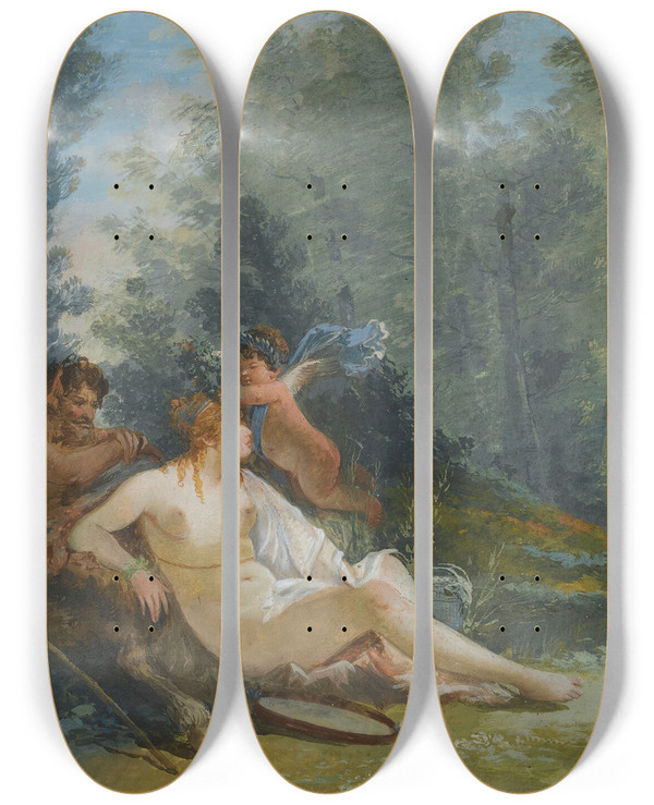 Triptych art skateboard deck of Giuseppe Bernardino Bison Venus And Cupid With A Satyrin A Classical Landscape by Giuseppe Bernardino Bison (1762-1844)