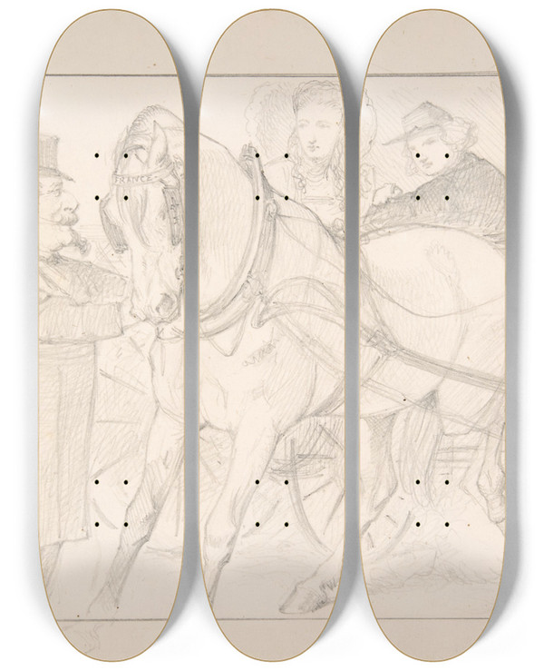Triptych art skateboard deck of Sir John Tenniel Easing The Curb by Sir John Tenniel (1820-1914)