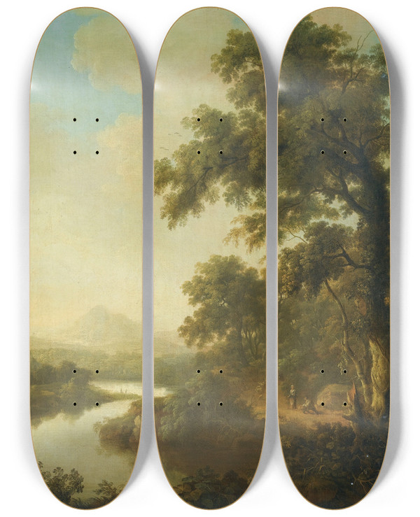 Triptych art skateboard deck of Thomas Roberts A Wooded River Landscape With Figures On A Path by Thomas Roberts (1685-1714)