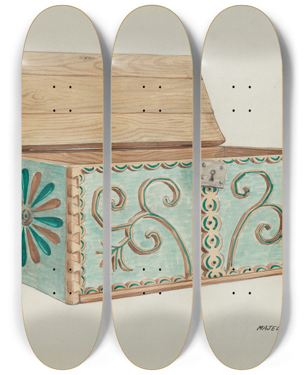 Triptych art skateboard deck of Majel G Claflin Large Chest by Majel G Claflin (1893-1941)