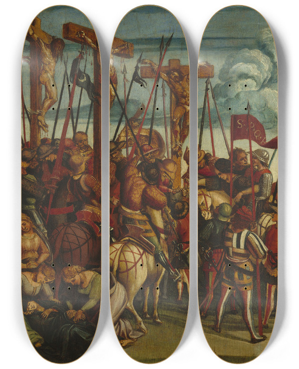 Triptych art skateboard deck of Luca Signorelli The Crucifixion by Luca Signorelli (1470-1523)