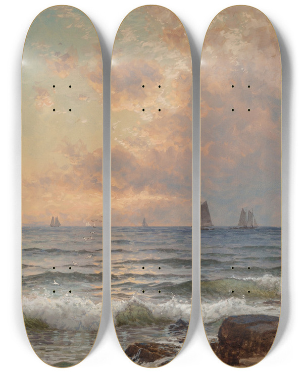 Triptych art skateboard deck of Alfred Thompson Bricher Sails At Sunset by Alfred Thompson Bricher (1837-1908)