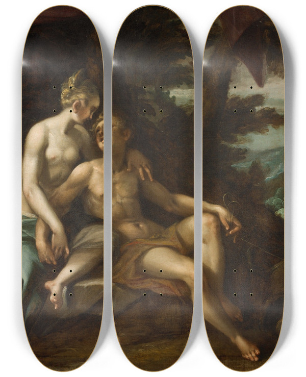 Triptych art skateboard deck of Hans Von Aachen Venus And Adonis by Hans Von Aachen (1552-1615)