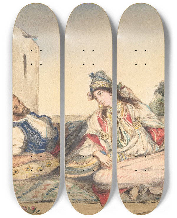 Triptych art skateboard deck of Eugne Delacroix A Moroccan Couple On Their Terrace by Eugene Delacroix (1798-1863)