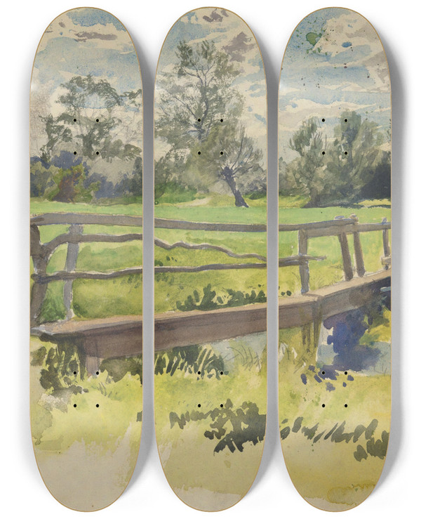 Triptych art skateboard deck of Edwin Austin Abbey Landscape Marsh Andbridge by Edwin Austin Abbey (1852-1911)
