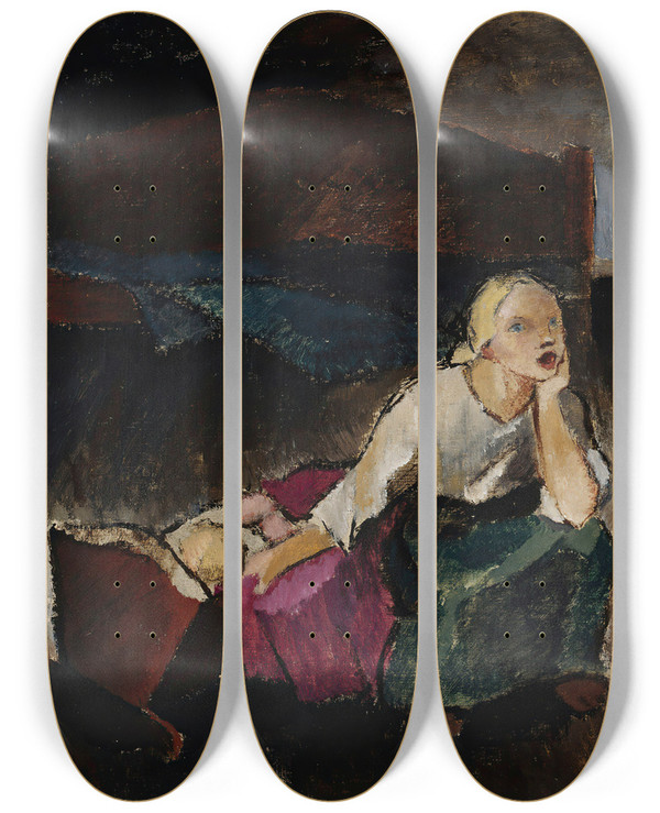 Triptych art skateboard deck of Alvar Cawn Lullaby by Alvar Cawen (1886-1935)