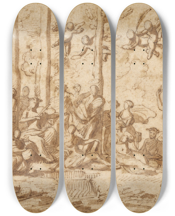 Triptych art skateboard deck of Nicolas Poussin Apollo And The Muses On Mount Parnassus by Nicolas Poussin (1594-1665)