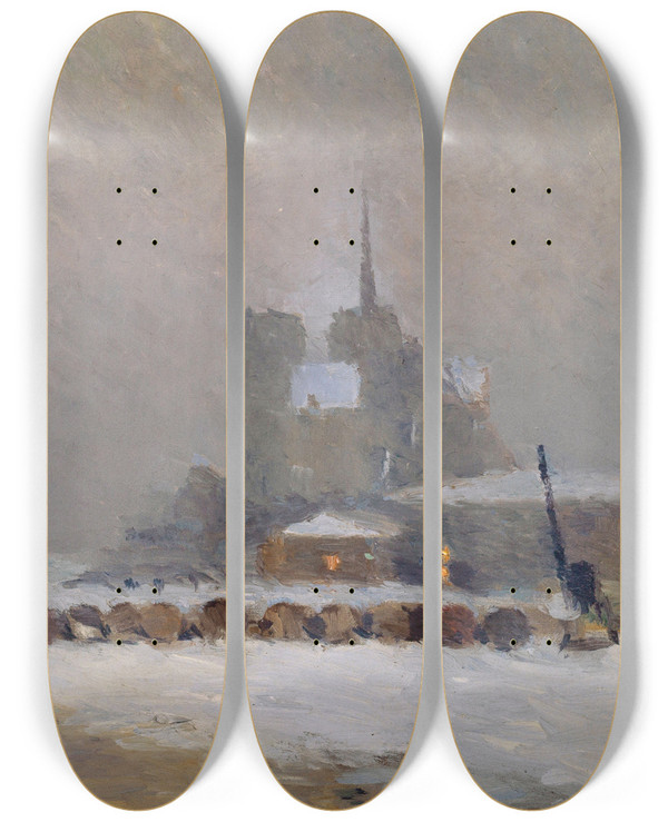 Triptych art skateboard deck of Albert Lebourg Notredame De Paris Effet De Neige Le Soir by Albert Lebourg (1849-1928)