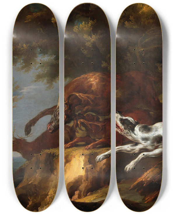Triptych art skateboard deck of Carl Borromus Andreas Ruthart Hounds Chasing A Stag by Carl Borromaus Andreas Ruthart (1630-1703)