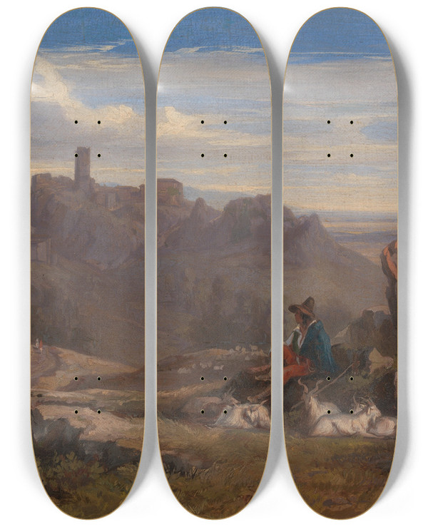 Triptych art skateboard deck of Edward Lear Landscape With Goatherd by Edward Lear (1812-1888)
