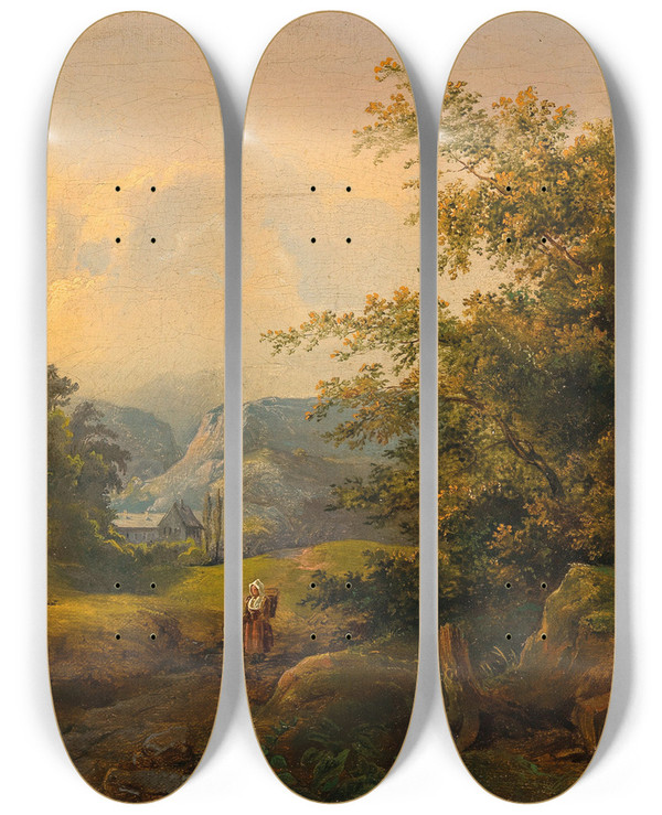 Triptych art skateboard deck of Julius Theodor Gruss A Landscape With Figural Staffage by Julius Theodor Gruss (1825-1865)