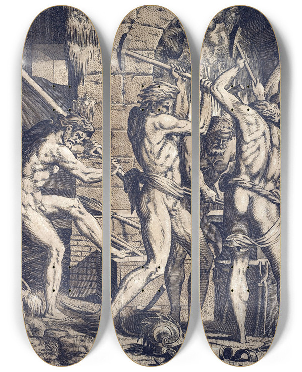 Triptych art skateboard deck of Lon Davent Venus At Vulcans Forge by Leon Davent (1540-1556)