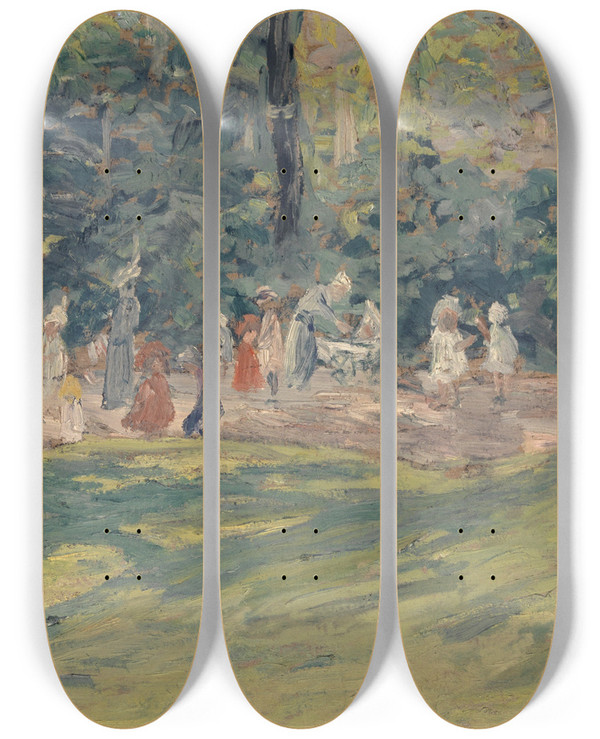 Triptych art skateboard deck of Ernst Schiess Children Playing In A Public Park by Ernst Schiess (1872-1919)