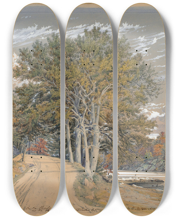 Triptych art skateboard deck of William Rickarby Miller On The Harlem River by William Rickarby Miller (1818-1893)