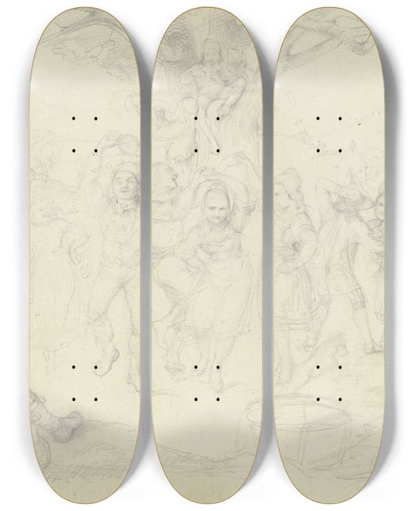 Triptych art skateboard deck of Carl Engel Bauerntanz Unter Der Dorflinde by Carl Engel (1817-1870)